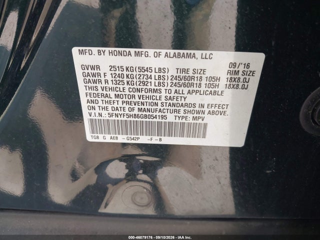 Продажа на аукционе авто 2016 Honda Pilot Ex-l, vin: 5FNYF5H86GB054195, номер лота: 46079176