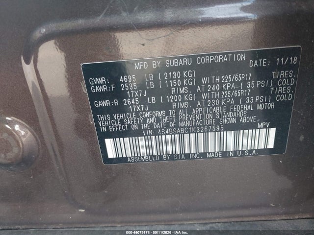 Aukcja sprzedaży 2019 Subaru Outback 2.5i, vin: 4S4BSABC1K3267595, numer aukcji: 46079178