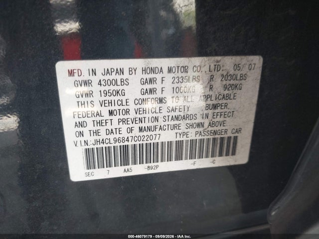 Aukcja sprzedaży 2007 Acura Tsx, vin: JH4CL96847C022077, numer aukcji: 46079179