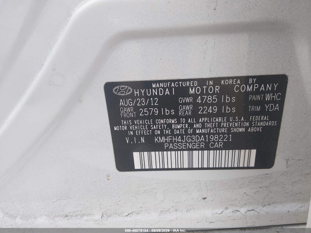 Aukcja sprzedaży 2013 Hyundai Azera, vin: KMHFH4JG3DA198221, numer aukcji: 46079184