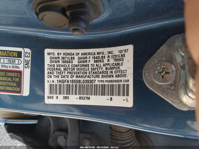 Продаж на аукціоні авто 2008 Honda Civic Lx, vin: 1HGFA16558L039307, номер лоту: 46079195