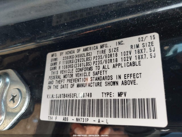 Продажа на аукционе авто 2015 Acura Rdx, vin: 5J8TB4H50FL026749, номер лота: 46079205