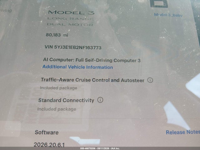 46079206 :رقم المزاد ، 5YJ3E1EB2NF163773 vin ، 2022 Tesla Model 3 Long Range Dual Motor All-wheel Drive مزاد بيع