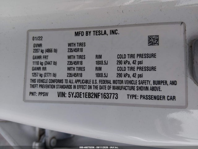 46079206 :رقم المزاد ، 5YJ3E1EB2NF163773 vin ، 2022 Tesla Model 3 Long Range Dual Motor All-wheel Drive مزاد بيع