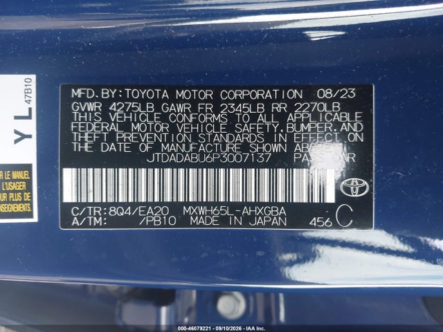 46079221 :رقم المزاد ، JTDADABU6P3007137 vin ، 2023 Toyota Prius Xle Awd-e مزاد بيع