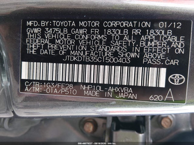 Aukcja sprzedaży 2012 Toyota Prius C One, vin: JTDKDTB35C1500403, numer aukcji: 46079227