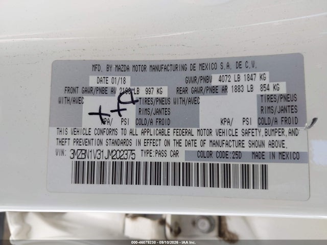2018 Mazda Mazda3 Touring მანქანა იყიდება აუქციონზე, vin: 3MZBN1V31JM202375, აუქციონის ნომერი: 46079230
