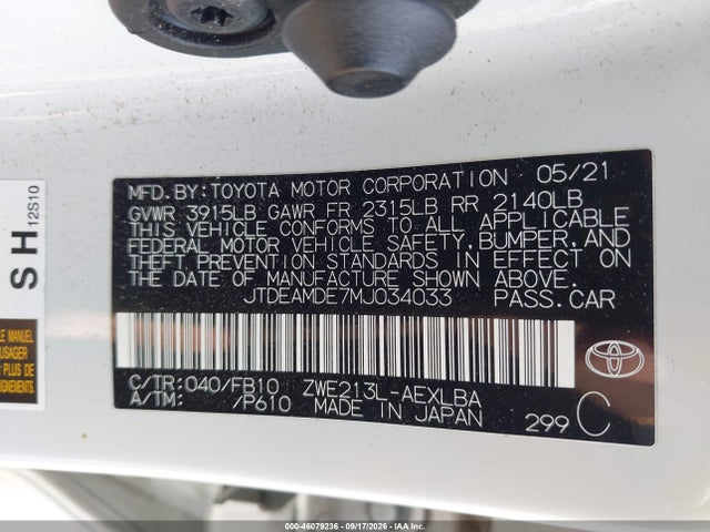 Aukcja sprzedaży 2021 Toyota Corolla Hybrid Le, vin: JTDEAMDE7MJ034033, numer aukcji: 46079236