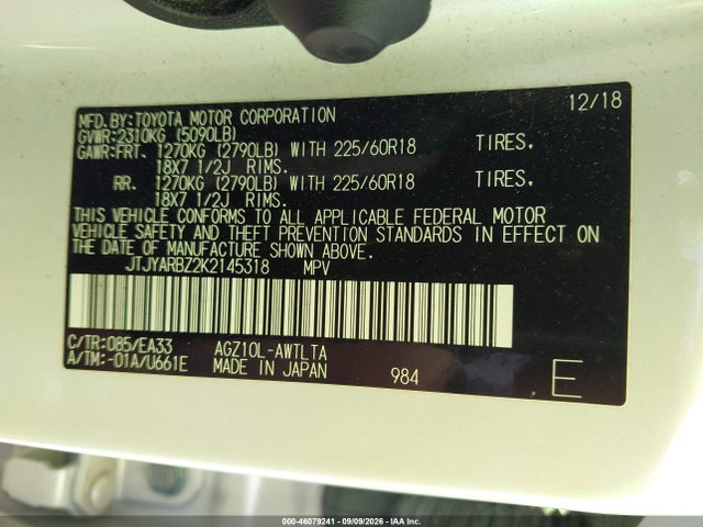 Aukcja sprzedaży 2019 Lexus Nx 300, vin: JTJYARBZ2K2145318, numer aukcji: 46079241