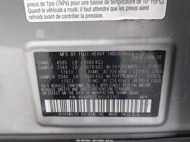 Продажа на аукционе авто 2011 Subaru Outback 2.5i Premium, vin: 4S4BRBCC9B3353107, номер лота: 46079243