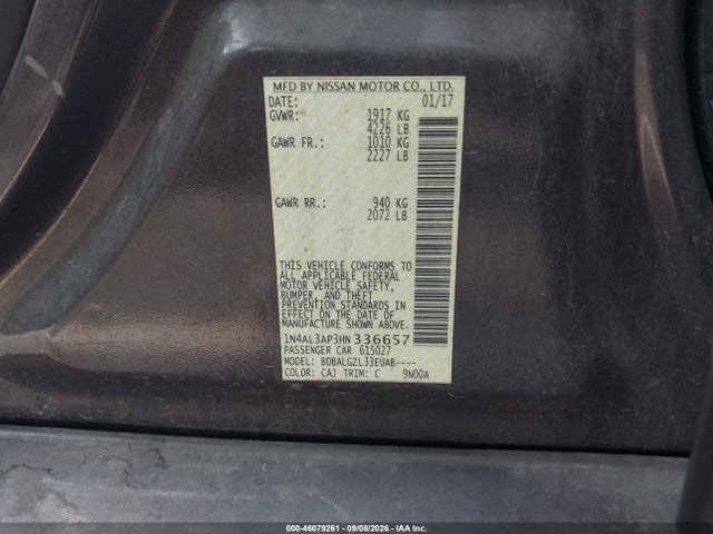 46079261 :رقم المزاد ، 1N4AL3AP3HN336657 vin ، 2017 Nissan Altima 2.5 S مزاد بيع