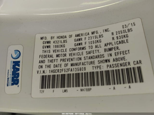 Продажа на аукционе авто 2015 Honda Accord Sport, vin: 1HGCR2F52FA135809, номер лота: 46079266