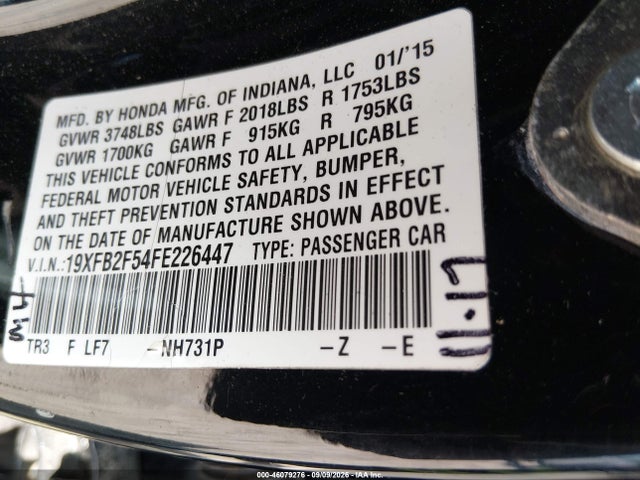 2015 Honda Civic Lx მანქანა იყიდება აუქციონზე, vin: 19XFB2F54FE226447, აუქციონის ნომერი: 46079276