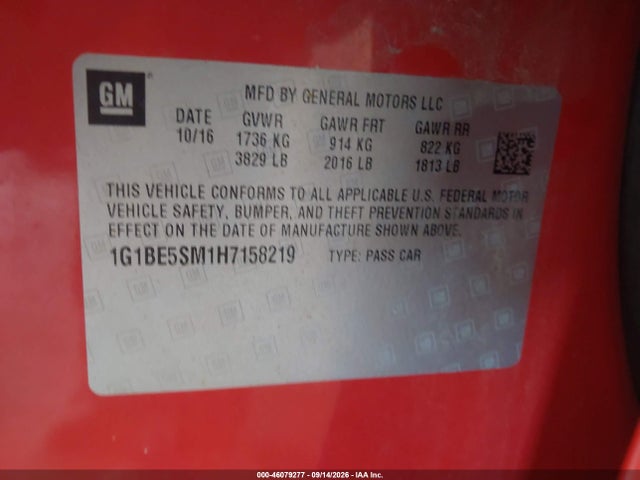 Aukcja sprzedaży 2017 Chevrolet Cruze Lt Auto, vin: 1G1BE5SM1H7158219, numer aukcji: 46079277