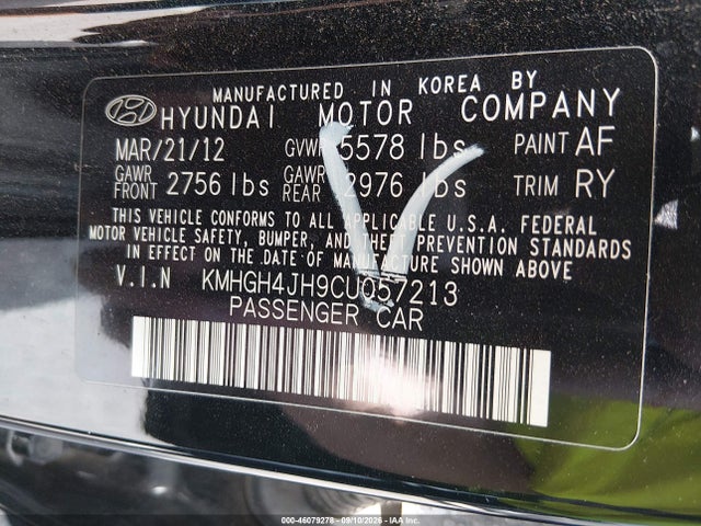 46079278 :رقم المزاد ، KMHGH4JH9CU057213 vin ، 2012 Hyundai Equus Signature مزاد بيع