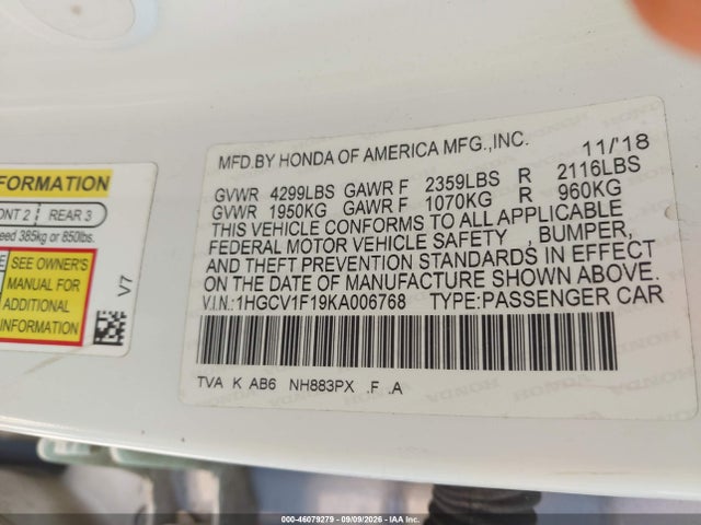 2019 Honda Accord Lx მანქანა იყიდება აუქციონზე, vin: 1HGCV1F19KA006768, აუქციონის ნომერი: 46079279