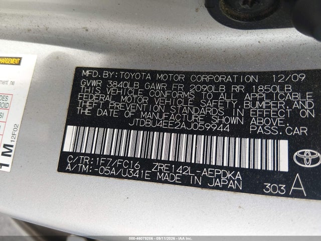 46079286 :رقم المزاد ، JTDBU4EE2AJ059944 vin ، 2010 Toyota Corolla Le مزاد بيع