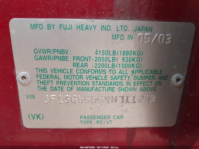 2004 Subaru Forester 2.5xs მანქანა იყიდება აუქციონზე, vin: JF1SG65654H711243, აუქციონის ნომერი: 46079290