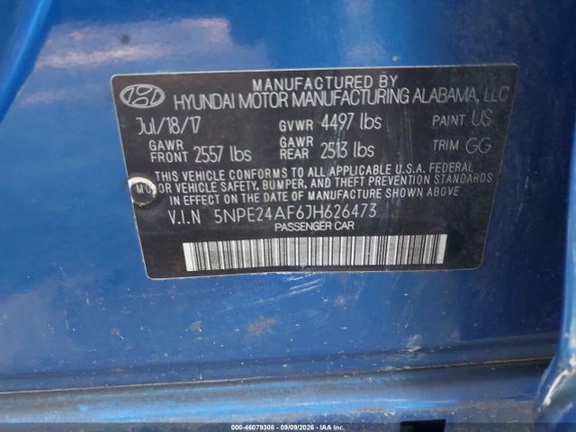 Aukcja sprzedaży 2018 Hyundai Sonata Se, vin: 5NPE24AF6JH626473, numer aukcji: 46079308