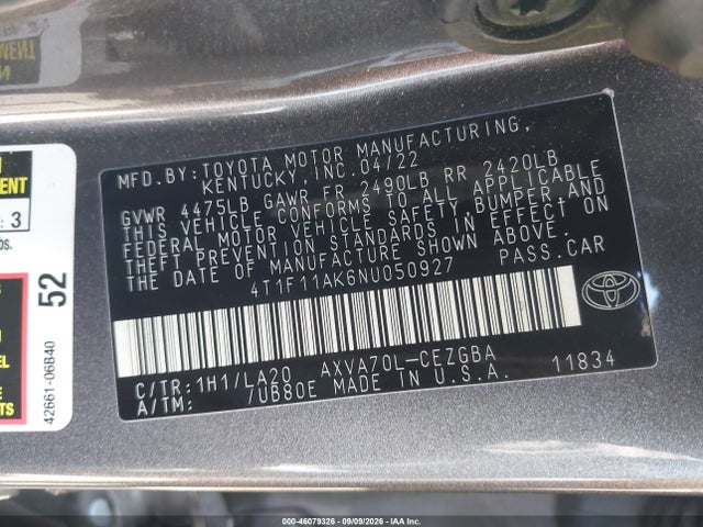 Toyota CAMRY XLE 2022 4T1F11AK6NU050927 Image 9