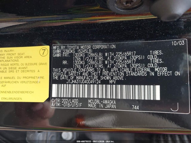46079333 :رقم المزاد ، JTJHA31U040049124 vin ، 2004 Lexus Rx 330 مزاد بيع