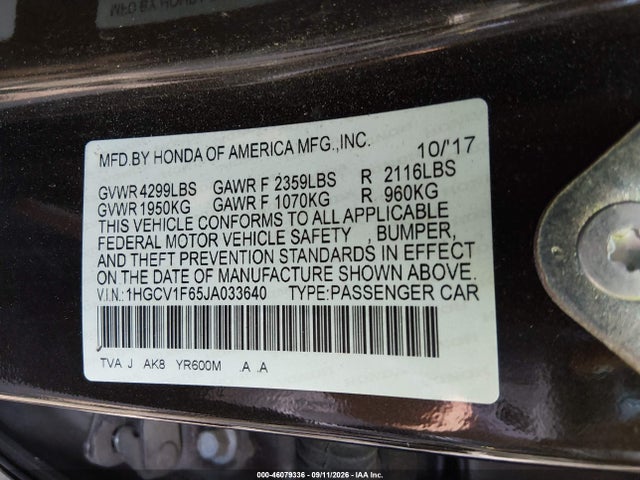 2018 Honda Accord Ex-l მანქანა იყიდება აუქციონზე, vin: 1HGCV1F65JA033640, აუქციონის ნომერი: 46079336