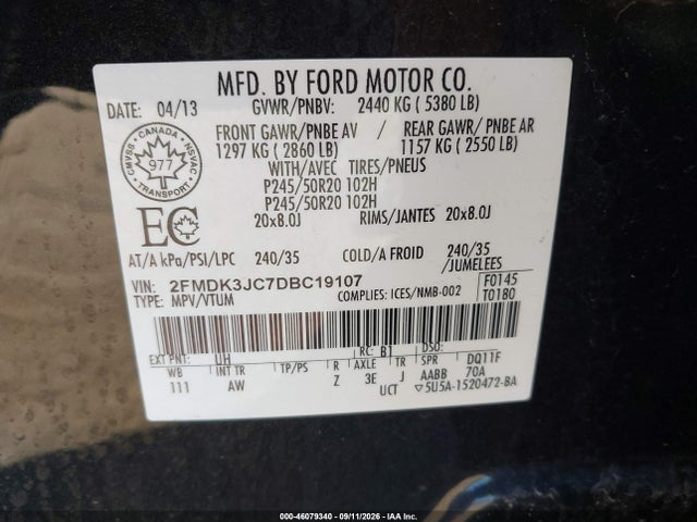 Продажа на аукционе авто 2013 Ford Edge Sel, vin: 2FMDK3JC7DBC19107, номер лота: 46079340