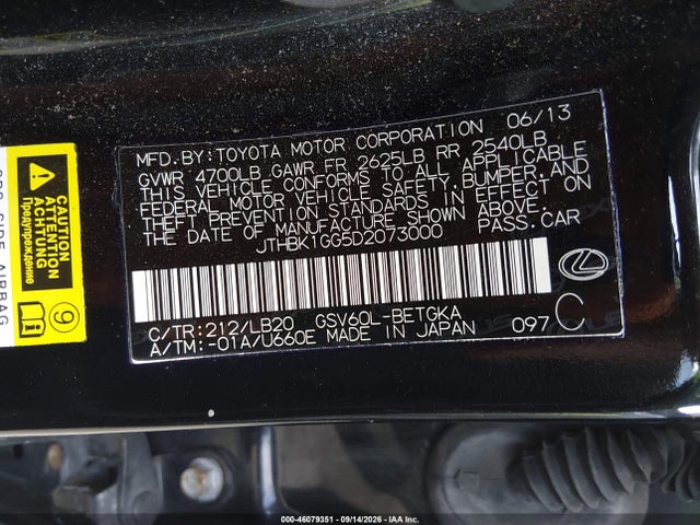Aukcja sprzedaży 2013 Lexus Es 350, vin: JTHBK1GG5D2073000, numer aukcji: 46079351