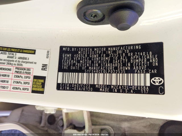 46079359 :رقم المزاد ، 5YFS4RCE0LP022535 vin ، 2020 Toyota Corolla Se مزاد بيع