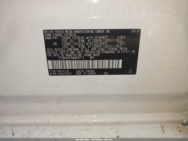 Продаж на аукціоні авто 2010 Toyota Rav4 Base V6, vin: 2T3BK4DVXAW028711, номер лоту: 46079361