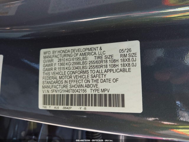 Продаж на аукціоні авто 2026 Honda Pilot Ex-l, vin: 5FNYG1H46TB042156, номер лоту: 46079394