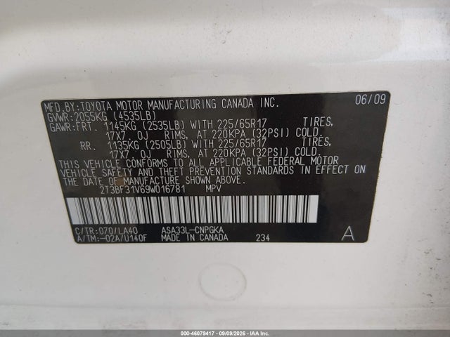 Aukcja sprzedaży 2009 Toyota Rav4 Limited, vin: 2T3BF31V69W016781, numer aukcji: 46079417