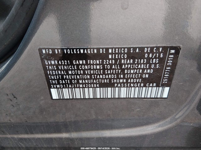 2015 Volkswagen Jetta 1.8t Sport მანქანა იყიდება აუქციონზე, vin: 3VWD17AJ1FM420884, აუქციონის ნომერი: 46079429