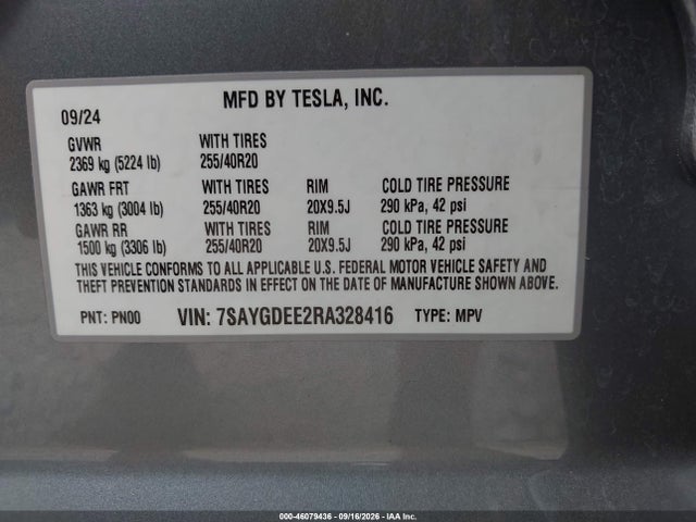 Продаж на аукціоні авто 2024 Tesla Model Y Long Range Dual Motor All-wheel Drive, vin: 7SAYGDEE2RA328416, номер лоту: 46079436