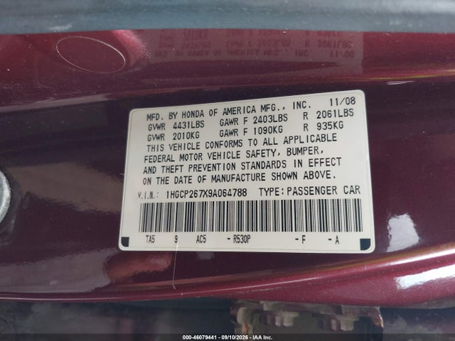 Aukcja sprzedaży 2009 Honda Accord 2.4 Ex, vin: 1HGCP267X9A064788, numer aukcji: 46079441