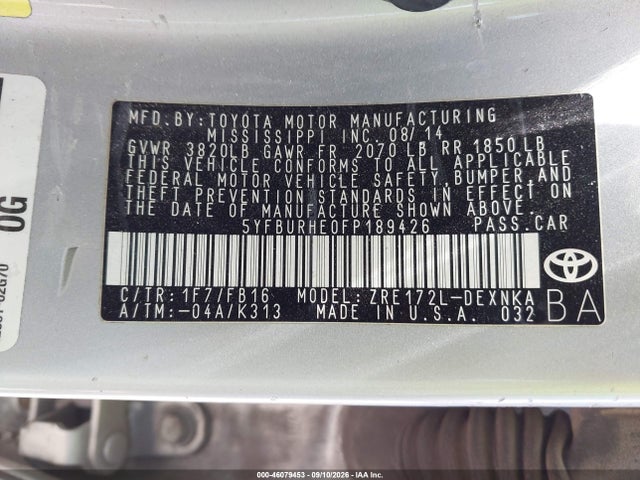 46079453 :رقم المزاد ، 5YFBURHE0FP189426 vin ، 2015 Toyota Corolla Le مزاد بيع