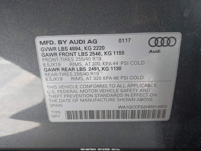 2017 Audi Q3 2.0t Premium მანქანა იყიდება აუქციონზე, vin: WA1GCCFS2HR014600, აუქციონის ნომერი: 46079454