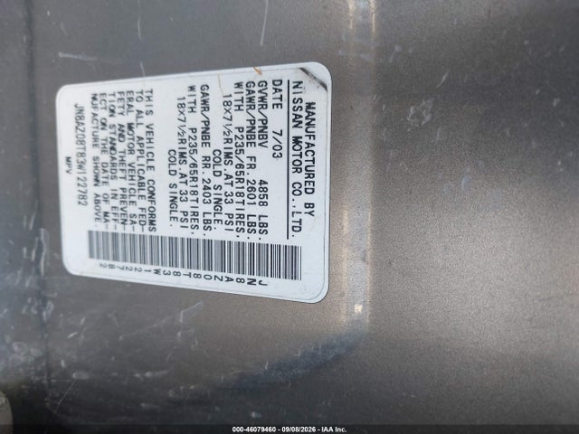 Aukcja sprzedaży 2003 Nissan Murano Sl, vin: JN8AZ08T83W122782, numer aukcji: 46079460