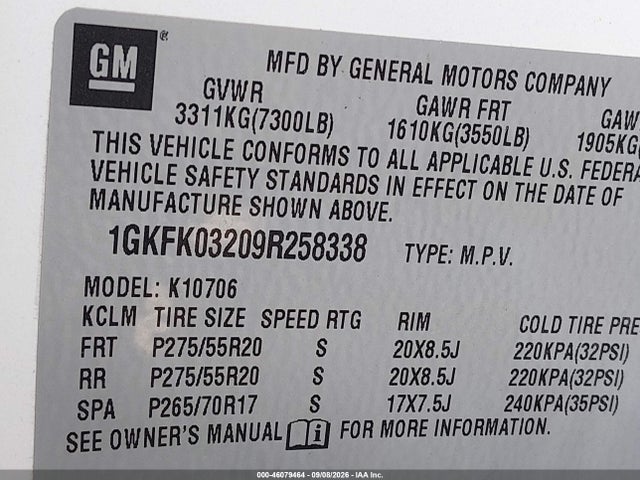 Aukcja sprzedaży 2009 Gmc Yukon Denali, vin: 1GKFK03209R258338, numer aukcji: 46079464