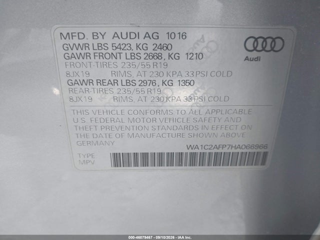 46079467 :رقم المزاد ، WA1C2AFP7HA066966 vin ، 2017 Audi Q5 2.0t Premium مزاد بيع