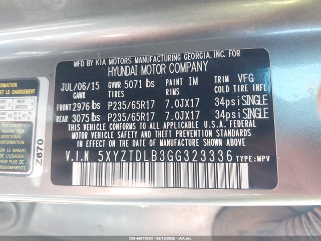 Aukcja sprzedaży 2016 Hyundai Santa Fe Sport 2.4l, vin: 5XYZTDLB3GG323336, numer aukcji: 46079493