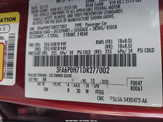 Auction sale of the 2013 Ford Fusion Se, vin: 3FA6P0H71DR277002, lot number: 46079504