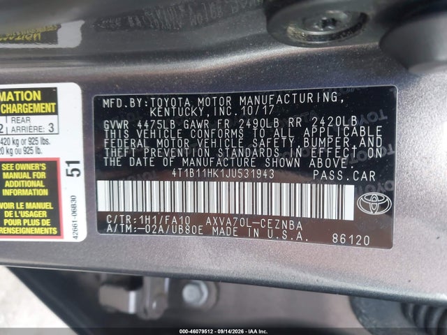 2018 Toyota Camry Le მანქანა იყიდება აუქციონზე, vin: 4T1B11HK1JU531943, აუქციონის ნომერი: 46079512