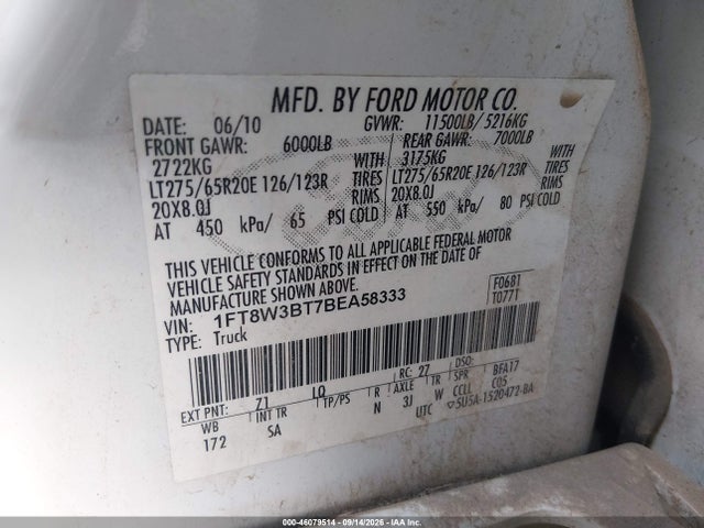 46079514 :رقم المزاد ، 1FT8W3BT7BEA58333 vin ، 2011 Ford F-350 Lariat مزاد بيع