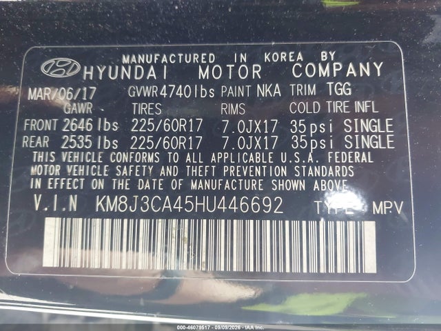 Aukcja sprzedaży 2017 Hyundai Tucson Se, vin: KM8J3CA45HU446692, numer aukcji: 46079517