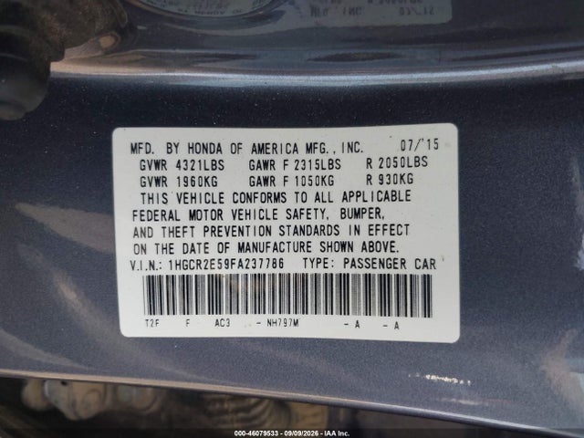 2015 Honda Accord Sport მანქანა იყიდება აუქციონზე, vin: 1HGCR2E59FA237786, აუქციონის ნომერი: 46079533