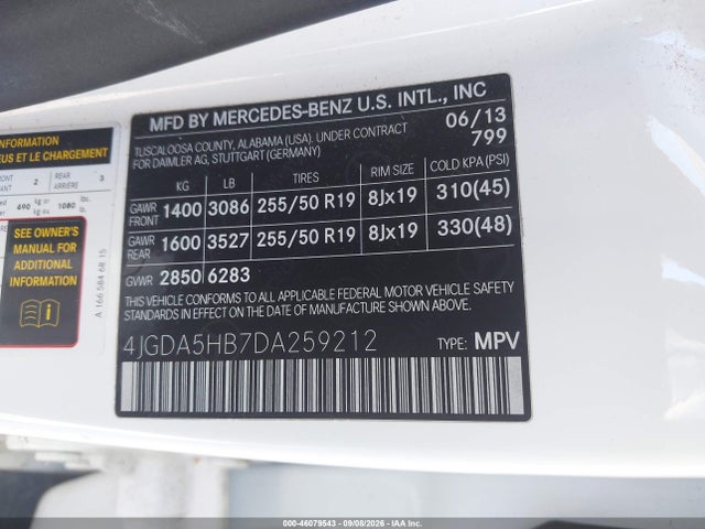 46079543 :رقم المزاد ، 4JGDA5HB7DA259212 vin ، 2013 Mercedes-benz Ml 350 4matic مزاد بيع