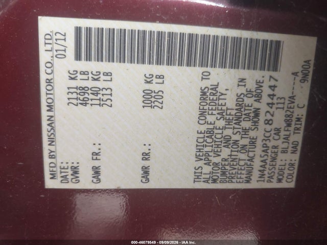 46079549 :رقم المزاد ، 1N4AA5AP3CC824447 vin ، 2012 Nissan Maxima 3.5 Sv مزاد بيع