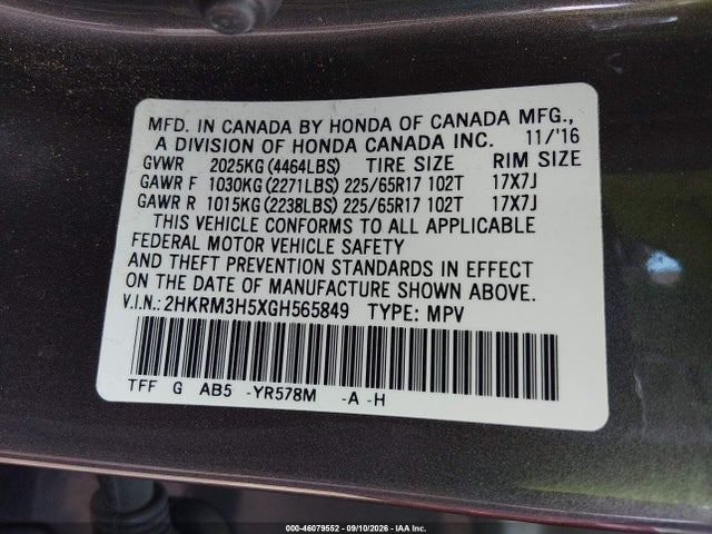 Auction sale of the 2016 Honda Cr-v Ex, vin: 2HKRM3H5XGH565849, lot number: 46079552