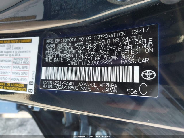 Продажа на аукционе авто 2018 Toyota Camry Le, vin: JTNB11HK2J3027925, номер лота: 46079574